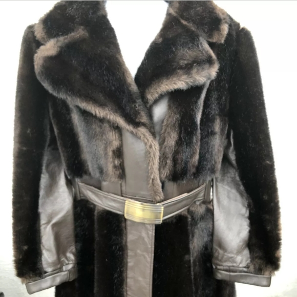 Vintage Faux Fur w/ Leather Panel Belted Coat - Picture 7 of 8